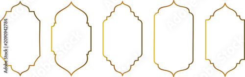 Islamic golden frames collection. Traditional Arabic door and window frames. Oriental mosque arch in luxury style