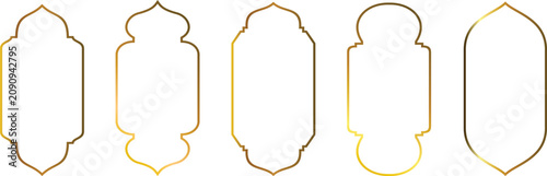 Islamic golden frames collection. Traditional Arabic door and window frames. Oriental mosque arch in luxury style