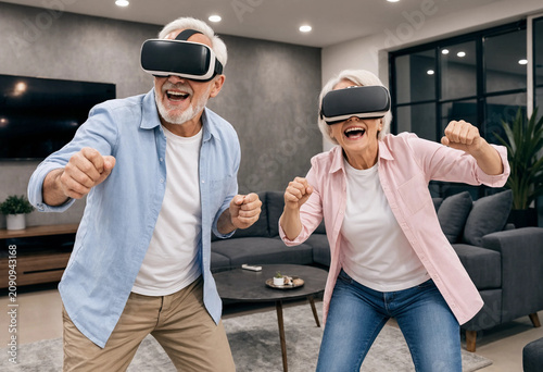 A stylish elderly couple with VR headsets playing an active virtual reality game in a modern living room. AI generated.
