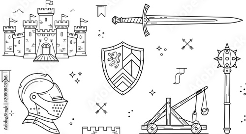 Tableau sur toile Medieval knight castle vector icon set with sword shield helmet catapult mace li
