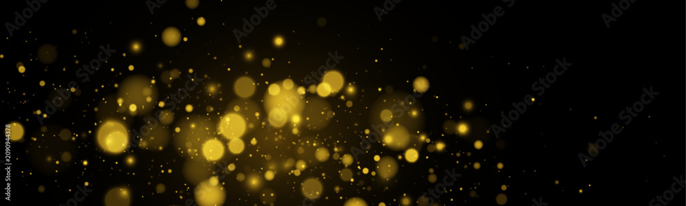 Fototapeta premium Glowing flying dust. Golden abstract bokeh on black background. Holiday vector concept. Abstract magical light effect with golden glares.