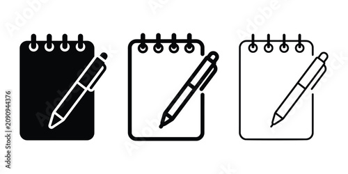 Notepad and pen icon silhouette vector, bold outline and line art isolated illustration