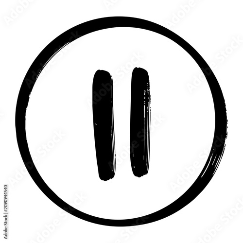 Hand drawn pause button icon in a circle isolated on white background, black ink brush stroke style vector illustration