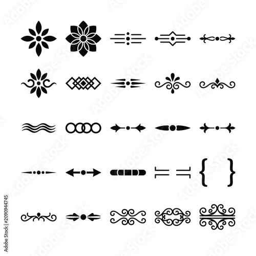A collection of black decorative dividers, floral flourishes, and ornate graphic design elements for page layout.