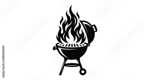 Barbecue grill vector illustration featuring burning fire flames in a classic black and white style