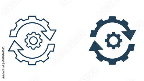 Circular gear synchronization icon with rotating arrows for process optimization and system update concept as vector illustration in outline and solid dark blue styles for UI elements