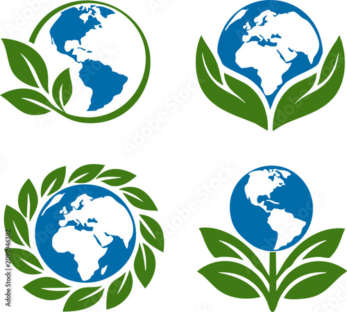 Four Earth globes encircled by stylized green leaves