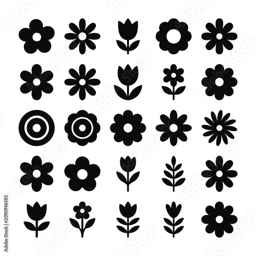 A collection of various black flower and botanical icons isolated on a white background.