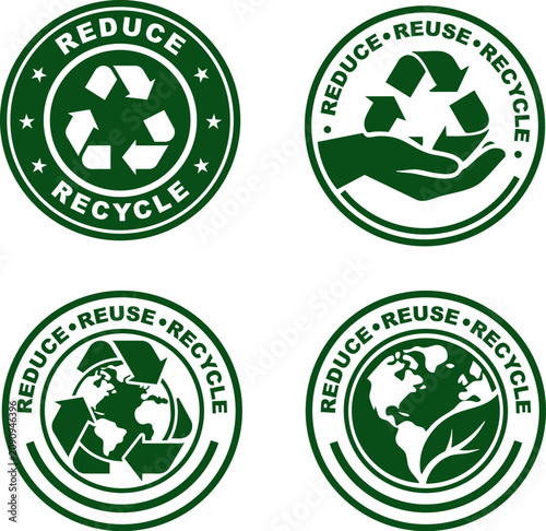 Four green circular eco-icons promote reduce, reuse, recycle