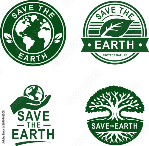 Green circular logos feature Earth, hands, and trees