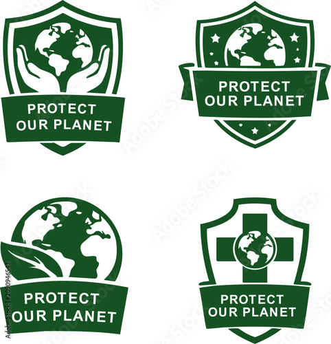 Green environmental icons featuring globe, hands, or medical cross