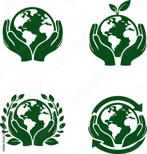 Hands shielding Earth in four eco-conscious variations