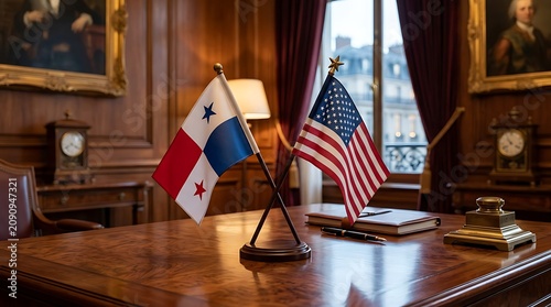 Panama and USA Flags on a Classic Wooden Desk Symbolizing Diplomatic Relations and Bilateral Ties
