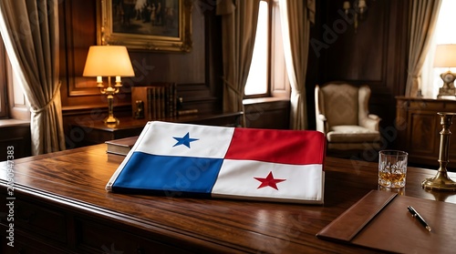 Panama National Flag Placed on an Elegant Mahogany Desk in a Traditional Study Room with a Lamp