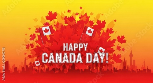 Happy Canada Day text with fireworks skyline background vector