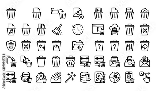 Schilderij op canvas Waste management and recycling bin outline icons | Garbage disposal environmenta