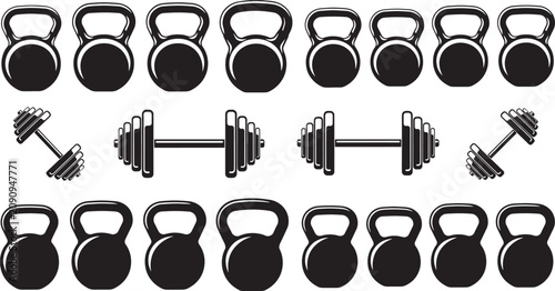 Gym fitness equipment collection featuring various iron kettlebells and barbells for strength training workout routines isolated on transparent background.