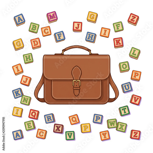 Leather School Bag Surrounded by Colorful Alphabet Blocks