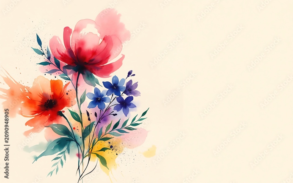Obraz premium Watercolor bouquet of red orange and blue flowers with green foliage on cream paper