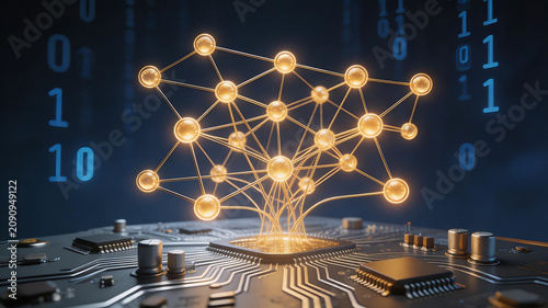 Circuit board with glowing network nodes