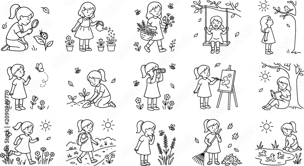 Obraz premium Kids Outdoor Activity Line Icon Set Featuring Gardening, Nature Exploration, Painting, Swing, Flower Care, and Seasonal Play Illustrations