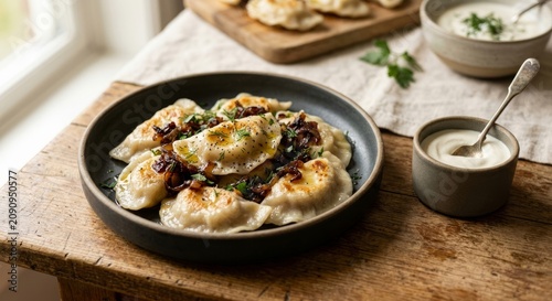Pan fried dumplings topped with caramelized onions and fresh herbs, served with sour cream. Traditional comfort food with rustic styling and rich texture.