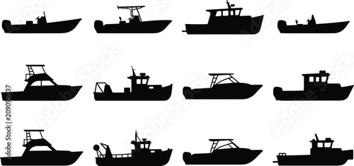 Tableau sur toile Boat silhouette collection, motorboats, fishing vessels, cabin cruisers, yachts,