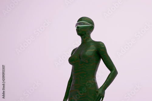 Green circuit humanoid wearing glowing smart visor