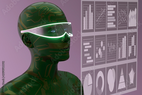 Green circuit humanoid with visor and data screens
