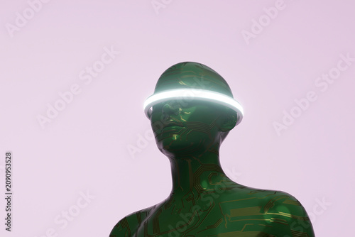 Green circuit humanoid with glowing circular visor
