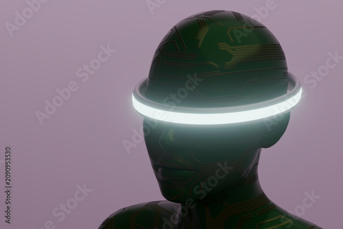 Green circuit humanoid with glowing circular visor