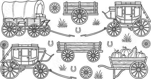 Fotografie Vintage western carriage and wooden wagon icons set featuring outline linear vec