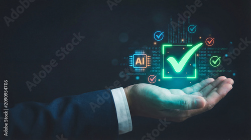 Plakat w ramie Artificial intelligence check hand business digital verification approval quality assurance technology interface icon binary code concept