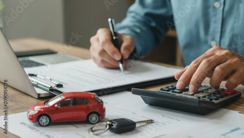 Person calculating car insurance costs using a calculator and signing a contract
