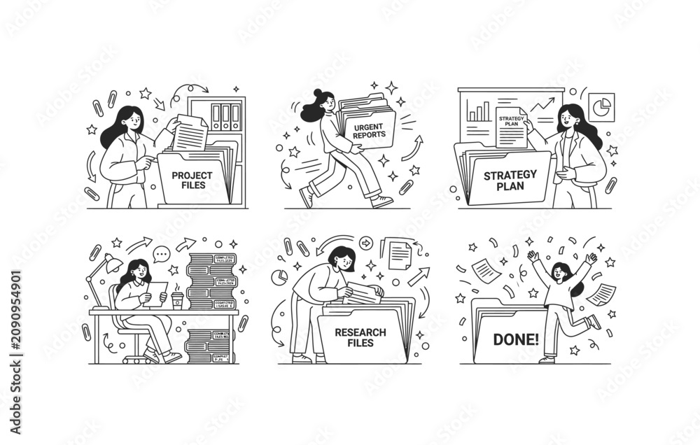 Fototapeta premium Business workflow and data archiving characters working at office desk with stack of files organizing research documents and celebrating completed tasks vector icon collection