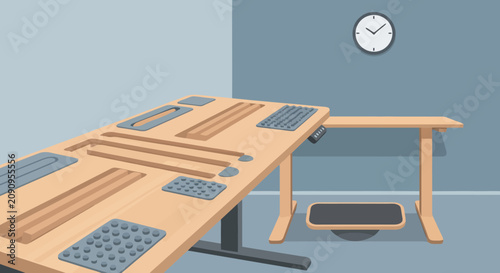 Wooden table with tactile paving indicators for accessibility in public
