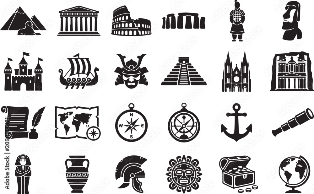 Fototapeta premium Black and white of diverse symbols, and figures animals buildings