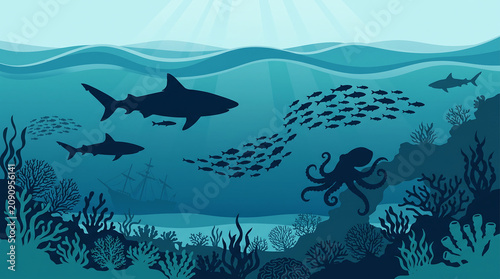 Underwater blue seascape with sharks and octopus silhouettes.