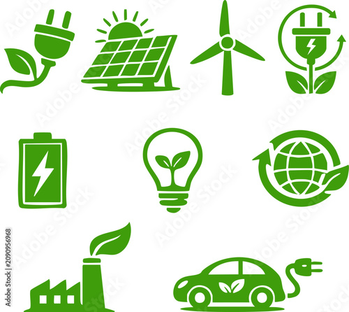 Green icons show eco-friendly energy sources