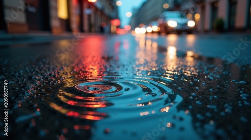 Vista detallada de gotas de lluvia cayendo sobre un charco en asfalto oscuro