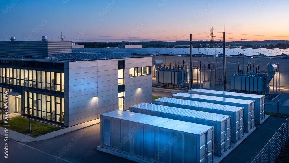 Obraz premium Industrial energy storage plant, battery containers with power transformers, office building and rooftop solar panels at dusk, energy management operations, grid modernization and clean power supply