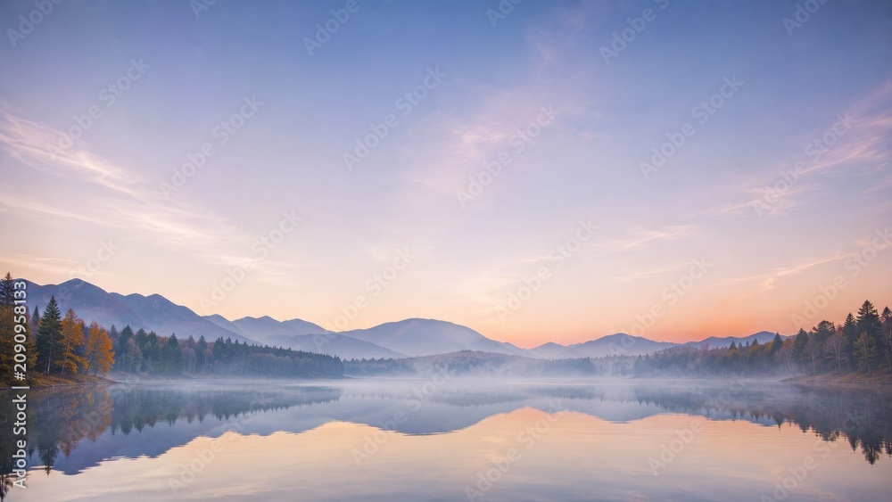 Fototapeta premium Tranquil landscape at dawn with mist over calm lake and mountains