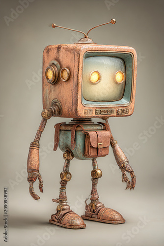 A playful robot with a tilted CRT television head, expressive glowing eyes, weathered blue metal, and whimsical retro-futuristic styling.