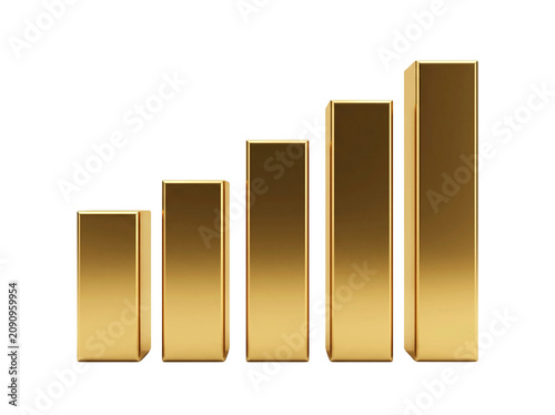 Shiny golden bar chart representing financial growth with five vertical columns of increasing height designed with metallic textures and professional 3d rendering lighting effects presented isolated o