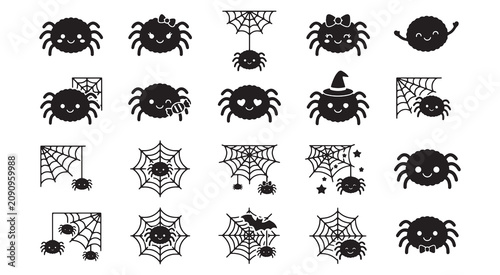 Cute Kawaii Halloween Spider Web Silhouette Icon Set
