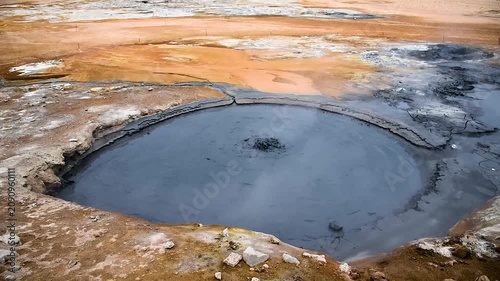A breathtaking spectacle with the gurgling of a bubbling geyser  in Hverir (Hverarond) valley  in the Myvatn region. Iceland.