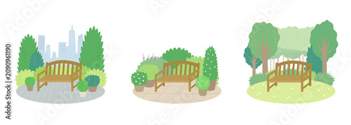 木製ベンチのある小さな風景 カラーイラスト3点セット