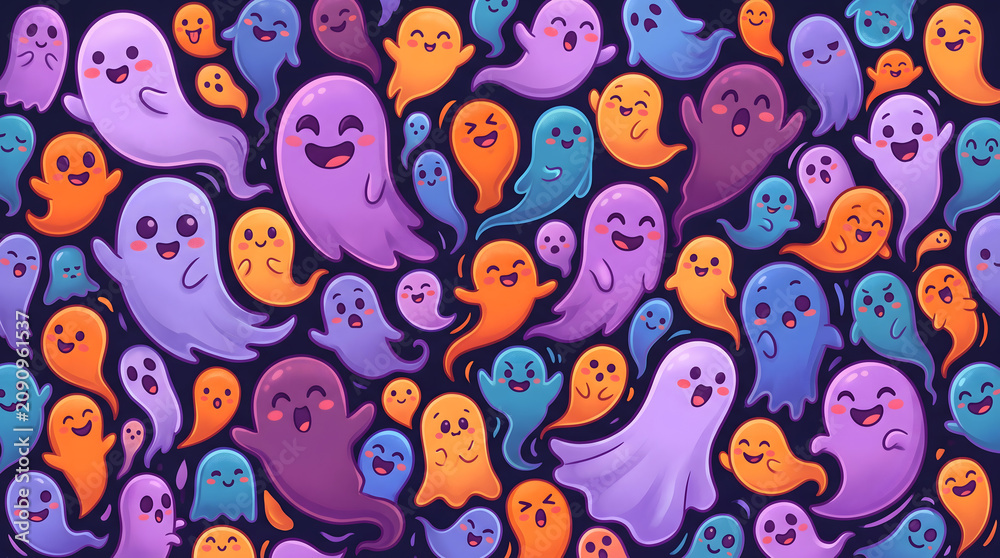 Fototapeta premium A colorful and lively illustration of various cartoon ghosts in different colors and expressions on a dark background