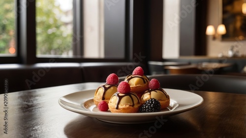 Profiteroles topped with chocolate drizzle and fresh raspberries served in a ceramic bowl. Minimal modern composition with soft background and natural light.