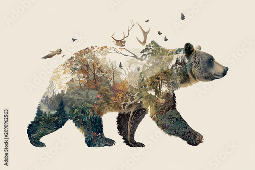 Double exposure of a brown bear and autumn forest landscape